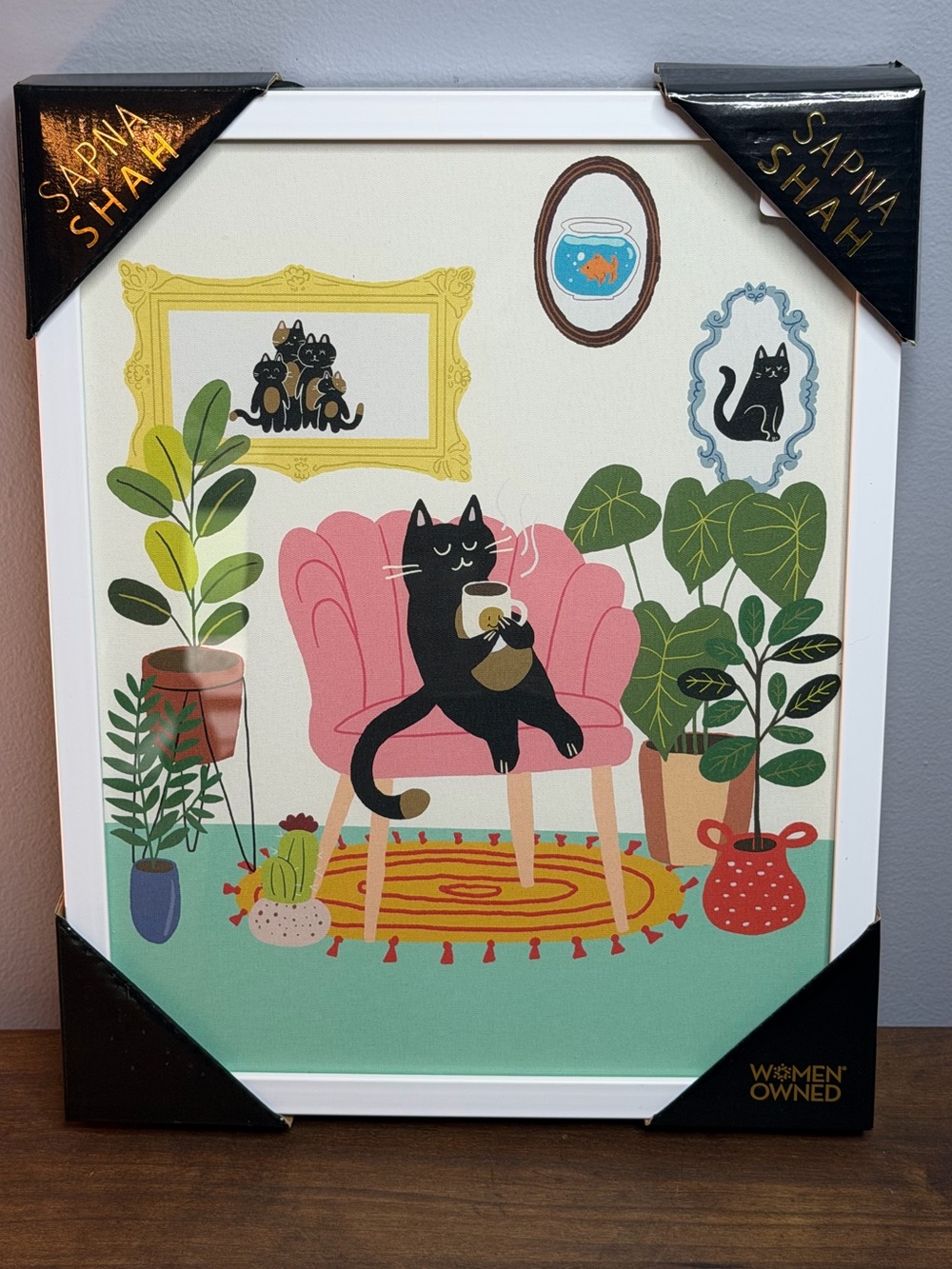Cozy Sapna Shah coffee cat artwork – 11” x 14”